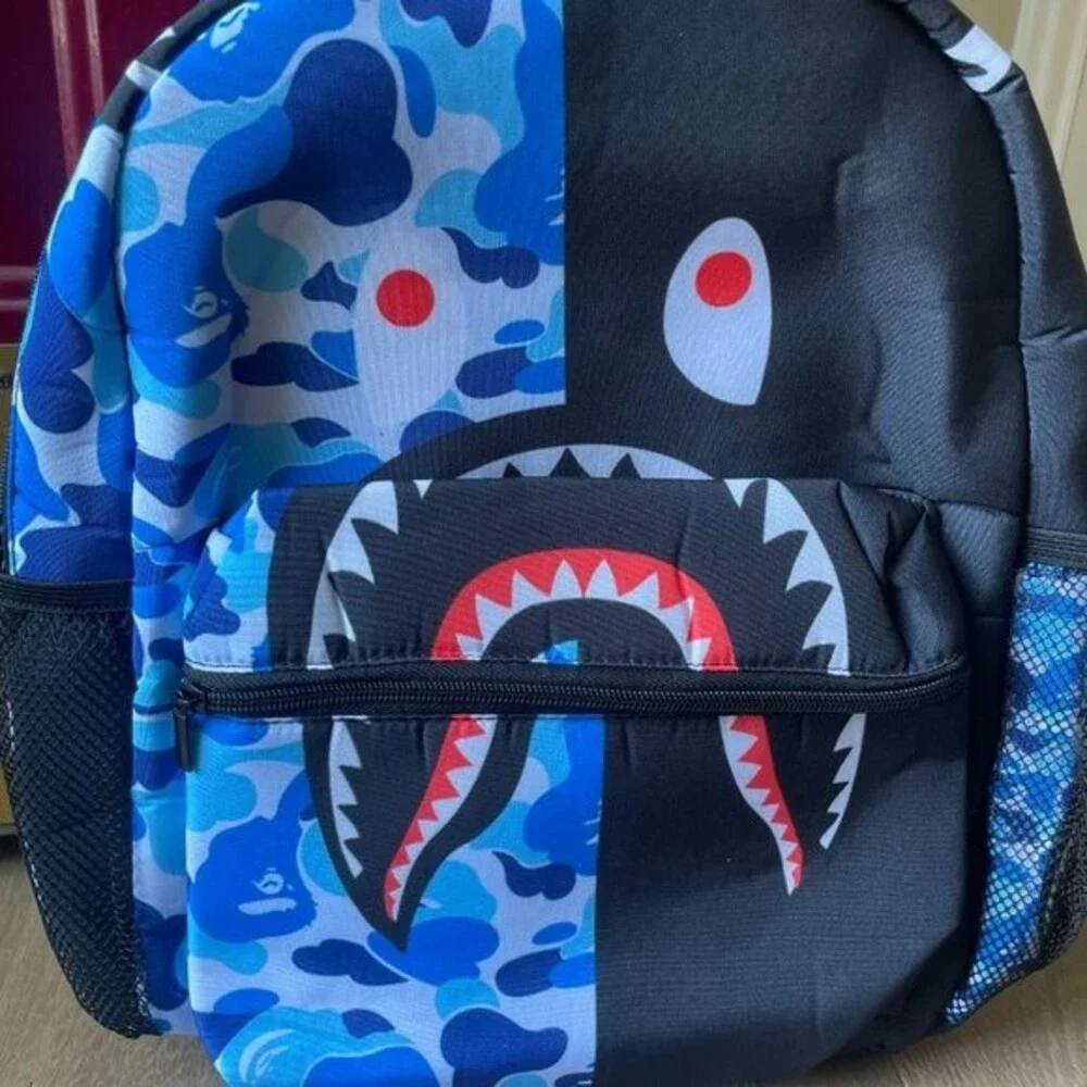 NEW! Shark Teeth Camo Backpacks Laptop Daypack School Bags For Kids, Blue Black
